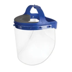 New 16.5 in. x 10.25 in. x 11 in. Fully Assembled Full Length Face Shield with Head Gear - Clear/Blue (16/Carton) Protective Head Gear