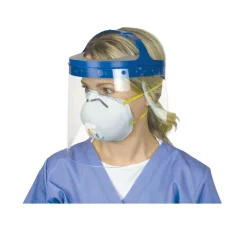 New 16.5 in. x 10.25 in. x 11 in. Fully Assembled Full Length Face Shield with Head Gear - Clear/Blue (16/Carton) Protective Head Gear