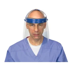 New 16.5 in. x 10.25 in. x 11 in. Fully Assembled Full Length Face Shield with Head Gear - Clear/Blue (16/Carton) Protective Head Gear