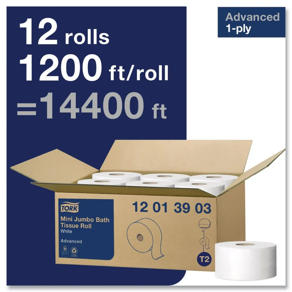 New 12013903 3.48 in. x 1200 ft. Septic Safe 1-Ply Advanced Bath Tissue - Jumbo, White (12/Carton) Paper & Dispensers