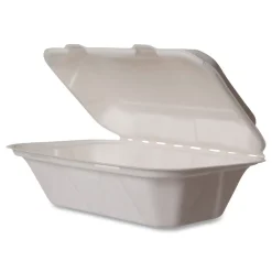 New 9 in. x 11 in. x 2 in. Molded Fiber Compostable Sugarcane Clamshell Containers - White (250/Carton) Tabletop And Serveware