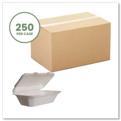 New 9 in. x 11 in. x 2 in. Molded Fiber Compostable Sugarcane Clamshell Containers - White (250/Carton) Tabletop And Serveware