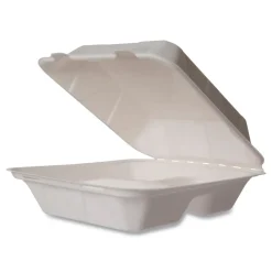 Clearance 7.9 in. x 7.9 in. x 2.9 in. Molded Fiber Compostable Sugarcane 3-Compartment Clamshell Containers - White (200/Carton) Tabletop And Serveware