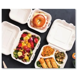 Clearance 7.9 in. x 7.9 in. x 2.9 in. Molded Fiber Compostable Sugarcane 3-Compartment Clamshell Containers - White (200/Carton) Tabletop And Serveware