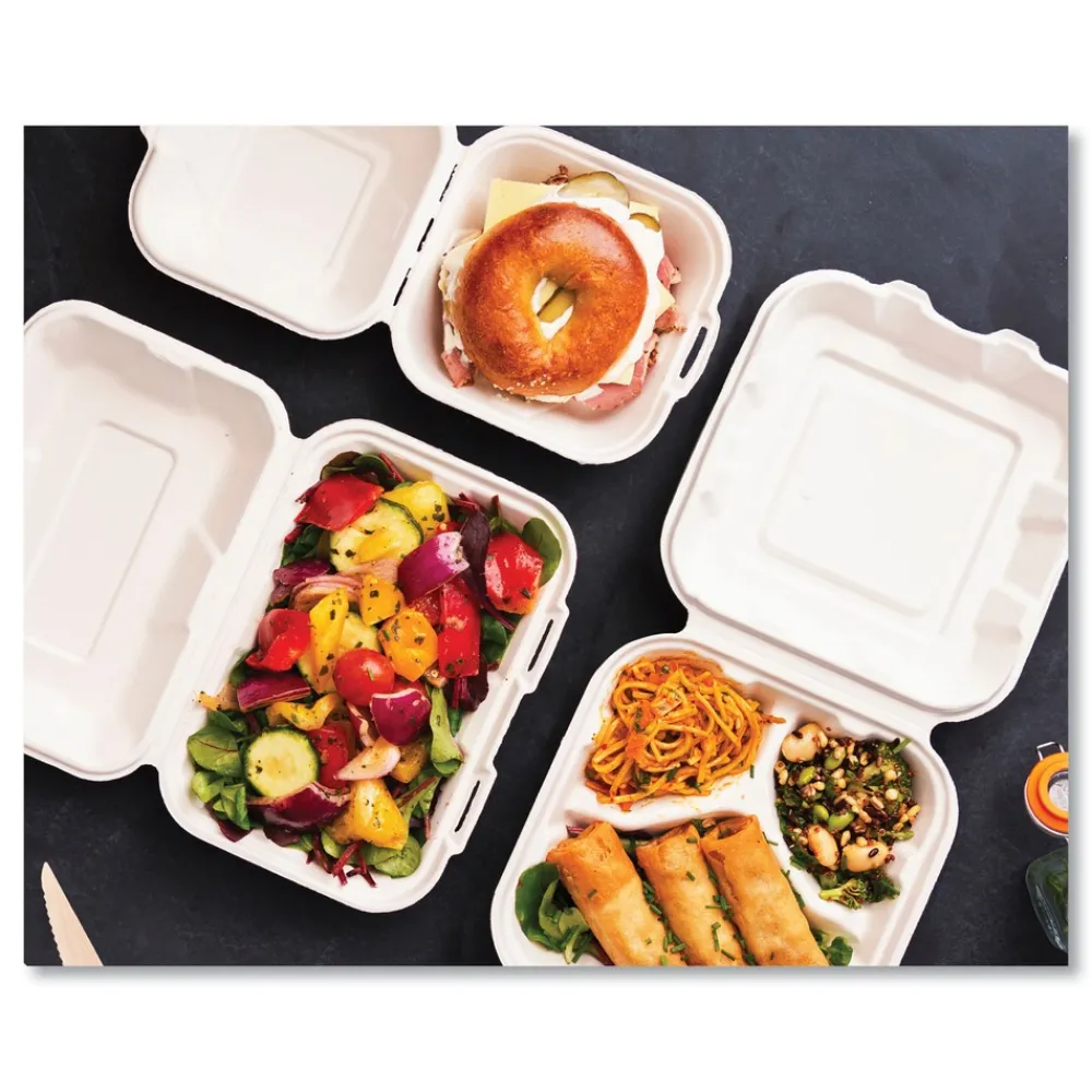 Clearance 7.9 in. x 7.9 in. x 2.9 in. Molded Fiber Compostable Sugarcane 3-Compartment Clamshell Containers - White (200/Carton) Tabletop And Serveware