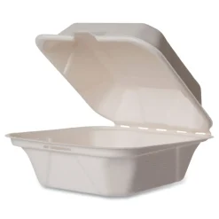 New 5.9 in. x 5.9 in. x 2.9 in. Molded Fiber Compostable Sugarcane Clamshell Containers - White (400/Carton) Tabletop And Serveware