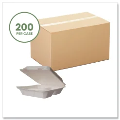 Hot 9 in. x 18 in. x 2 in. Molded Fiber Compostable Sugarcane 3-Compartment Clamshell Containers - White (200/Carton) Tabletop And Serveware