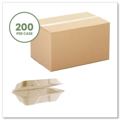 6.1 in. x 9 in. x 2.9 in. Nourish Molded Fiber Compostable Sugarcane Takeout Containers - Natural (200/Carton) Tabletop And Serveware