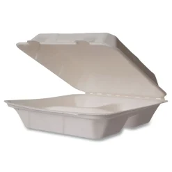Online 5 in. x 9 in. x 2 in. Nourish Molded Fiber Compostable Sugarcane 3-Compartment Takeout Containers - White (200/Carton) Tabletop And Serveware