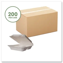 Online 5 in. x 9 in. x 2 in. Nourish Molded Fiber Compostable Sugarcane 3-Compartment Takeout Containers - White (200/Carton) Tabletop And Serveware