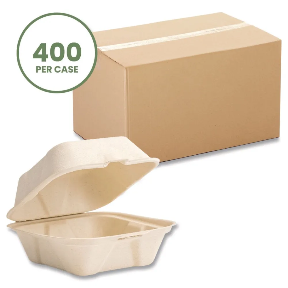 Outlet 5.9 in. x 5.9 in. x 2.9 in. Nourish Molded Fiber Compostable Sugarcane Takeout Containers - White (400/Carton) Tabletop And Serveware