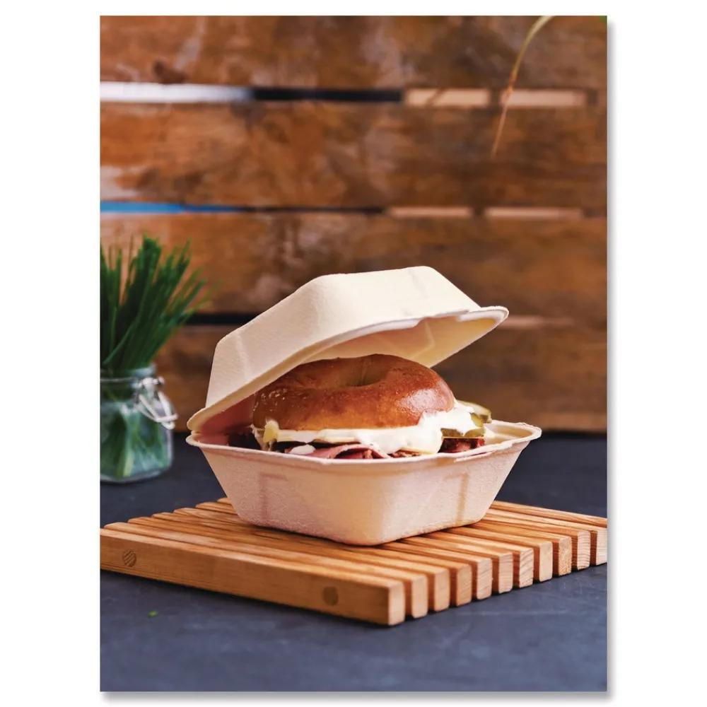 Outlet 5.9 in. x 5.9 in. x 2.9 in. Nourish Molded Fiber Compostable Sugarcane Takeout Containers - White (400/Carton) Tabletop And Serveware
