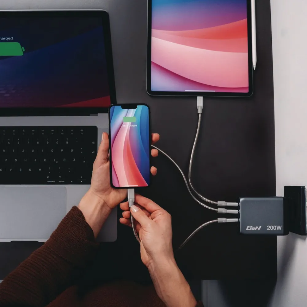 Online 200 Watts 4-Port GaN Wall Charger - Black/Gray Office Electronics & Batteries