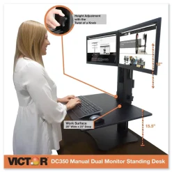 Discount DC350A High Rise 28 in. x 23 in. x 10.5 in. to 15.5 in. Dual Monitor Standing Desk Workstation - Black Office Furniture & Lighting