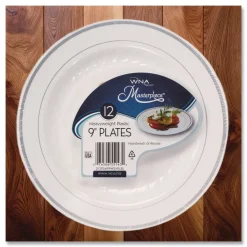 Online RSMP91210WS 9 in. Diameter Masterpiece Plastic Plates - White/Silver (120/Carton) Tabletop And Serveware