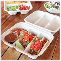 TO-SC-T3-LFS 8.8 in. x 8.2 in. x 2.9 in. Paper Fiber Hinged Containers - Natural (300/Carton) Tabletop And Serveware