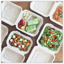 New TO-SC-U9-LFP 9.2 in. x 9.1 in. x 3.2 in. Paper Fiber Hinged Containers - Natural (300/Carton) Tabletop And Serveware